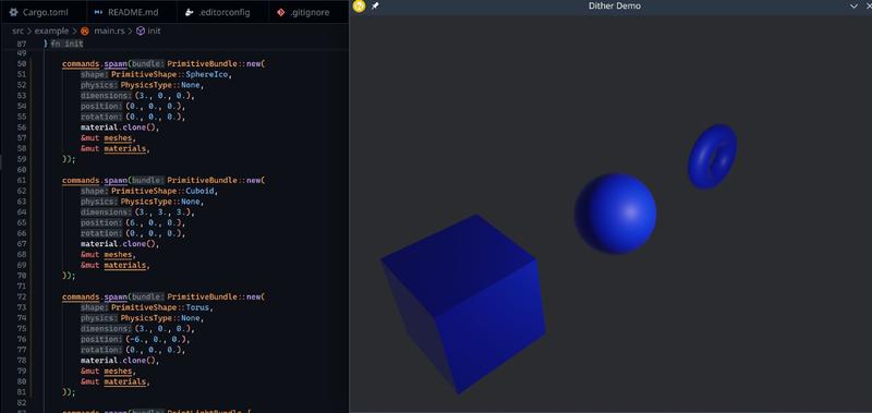 A blue cube, sphere, and torus floating on a gray void next to computer code